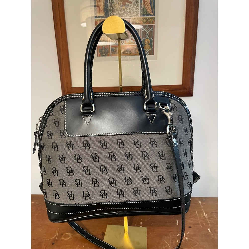 Dooney & Bourke Monogrammed Dome Satchel Bag Black Grey Leather Trim‎